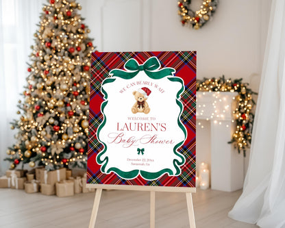 Red Tartan Plaid Christmas Bear Baby Shower Welcome Sign Template, We Can Bearly Wait Christmas Baby Sprinkle, December Nesting Party WP1082