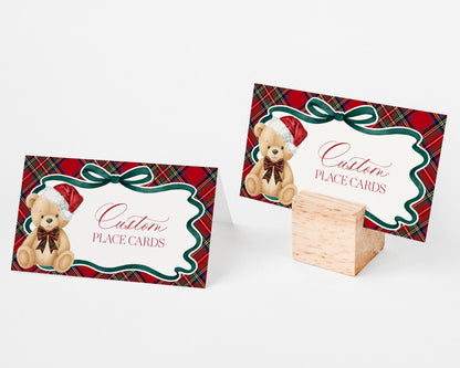 Red Tartan Plaid Christmas Bear Place Cards Template, We Can Bearly Wait Christmas Baby Shower, Beary First Birthday December Party WP1082