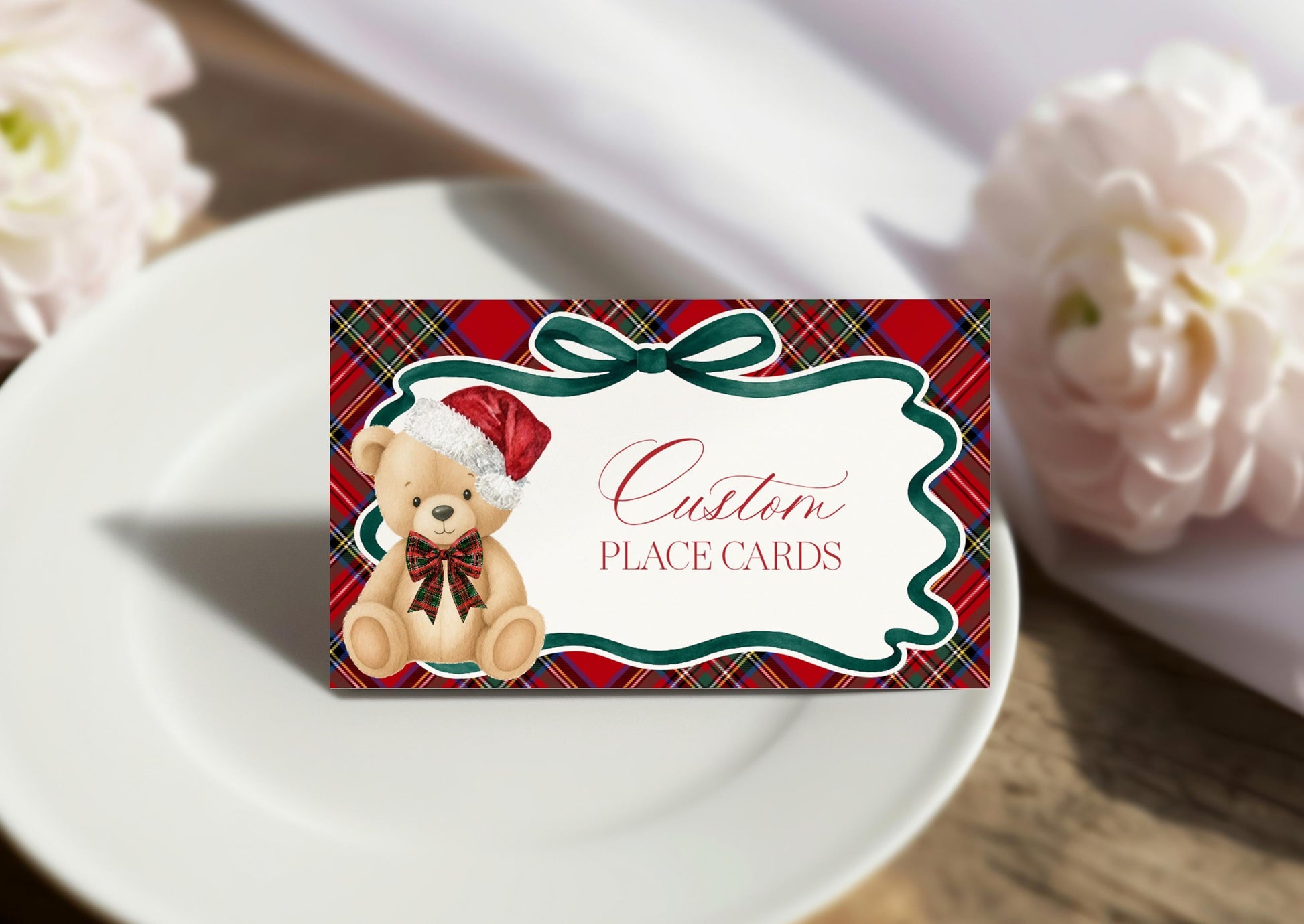 Red Tartan Plaid Christmas Bear Place Cards Template, We Can Bearly Wait Christmas Baby Shower, Beary First Birthday December Party WP1082