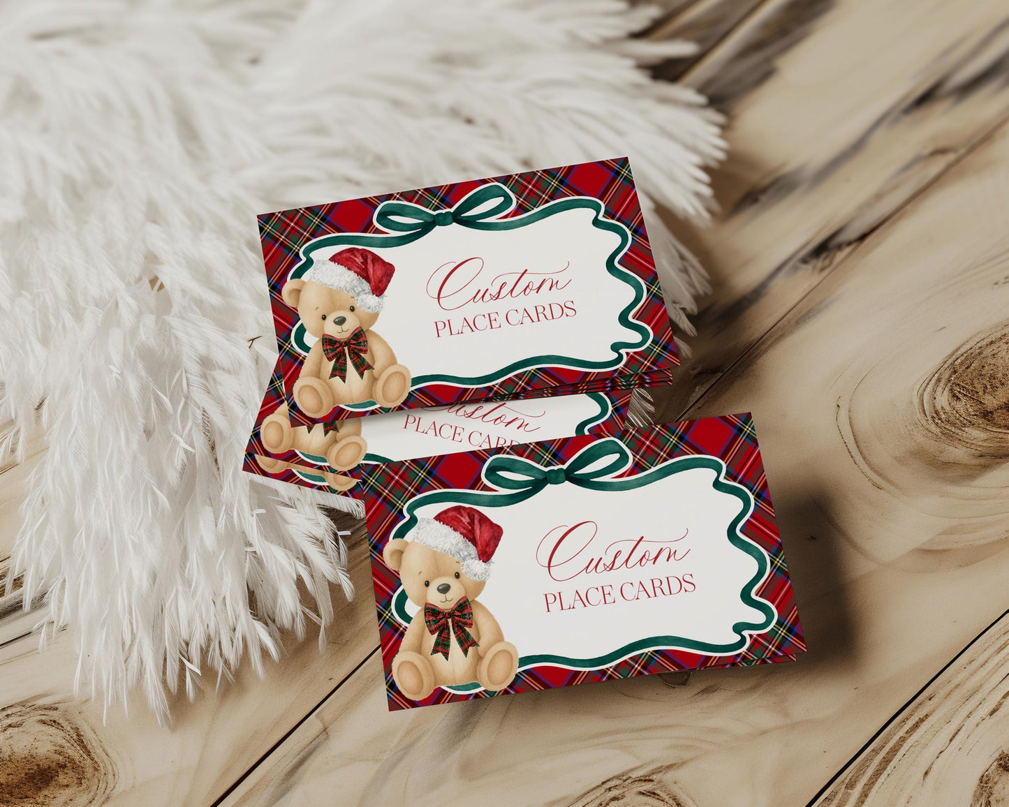 Red Tartan Plaid Christmas Bear Place Cards Template, We Can Bearly Wait Christmas Baby Shower, Beary First Birthday December Party WP1082