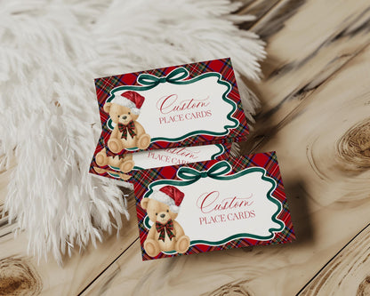 Red Tartan Plaid Christmas Bear Place Cards Template, We Can Bearly Wait Christmas Baby Shower, Beary First Birthday December Party WP1082