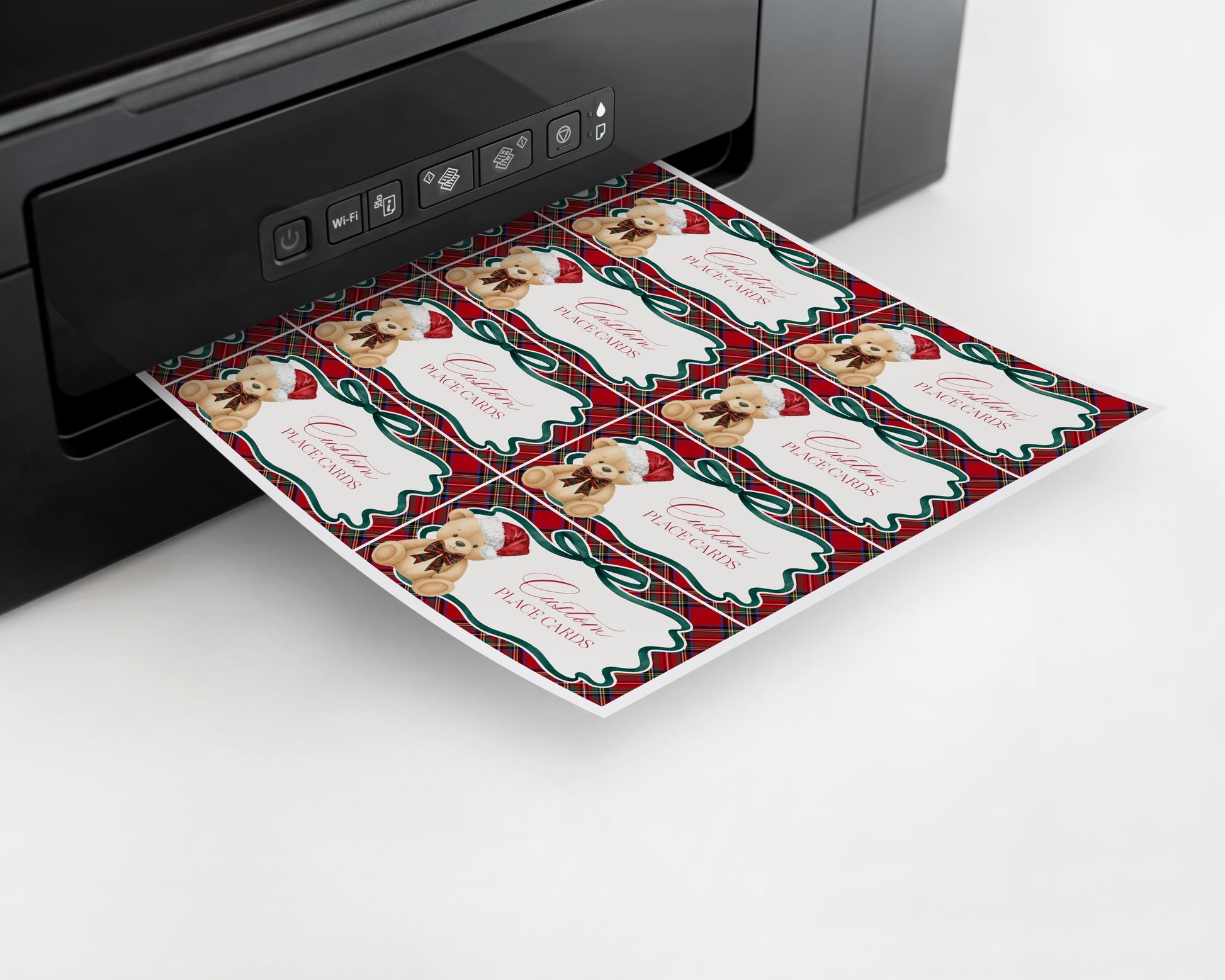 Red Tartan Plaid Christmas Bear Place Cards Template, We Can Bearly Wait Christmas Baby Shower, Beary First Birthday December Party WP1082