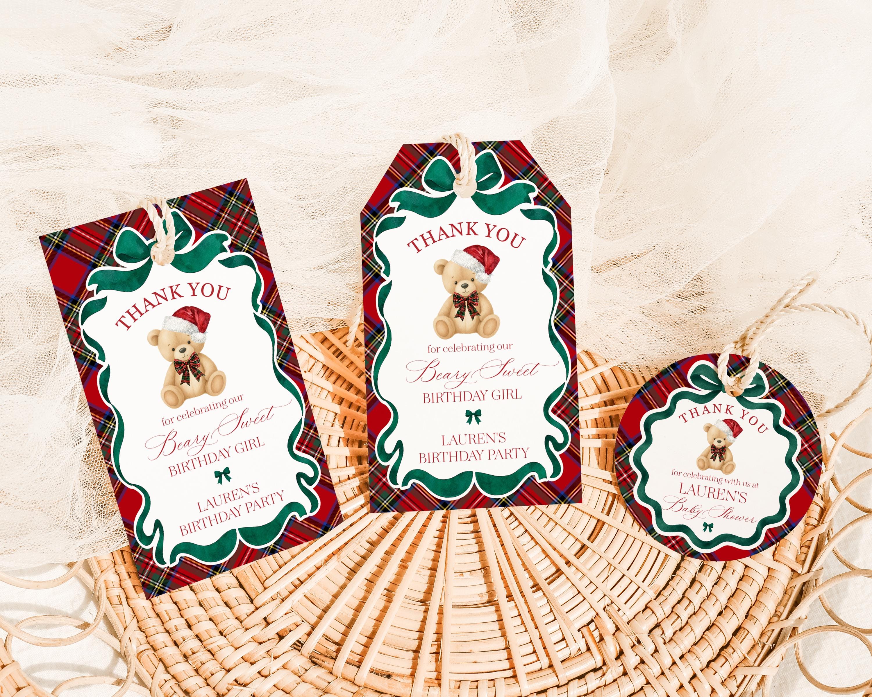 Red Tartan Plaid Christmas Bear Birthday Party Favor Tags Template, Beary First Birthday Christmas December Party Decor WP1082