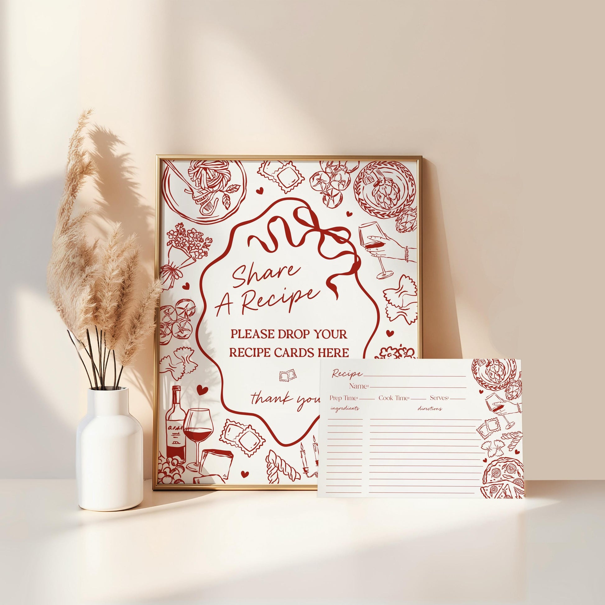 Red Pasta Recipe Card Bridal Shower Printable Template, That’s Amore Bridal Brunch, Love and Pizza Italian Brunch with the Bride WP1085