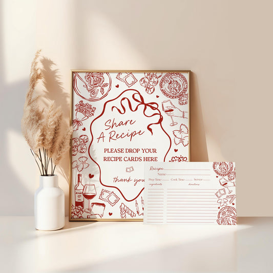 Red Pasta Recipe Card Bridal Shower Printable Template, That’s Amore Bridal Brunch, Love and Pizza Italian Brunch with the Bride WP1085