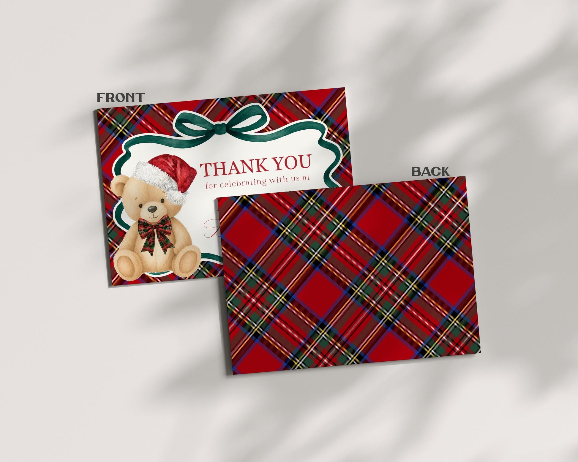 Red Tartan Plaid Christmas Bear Thank You Card Template, We Can Bearly Wait Christmas Baby Shower, December Beary First Birthday WP1082