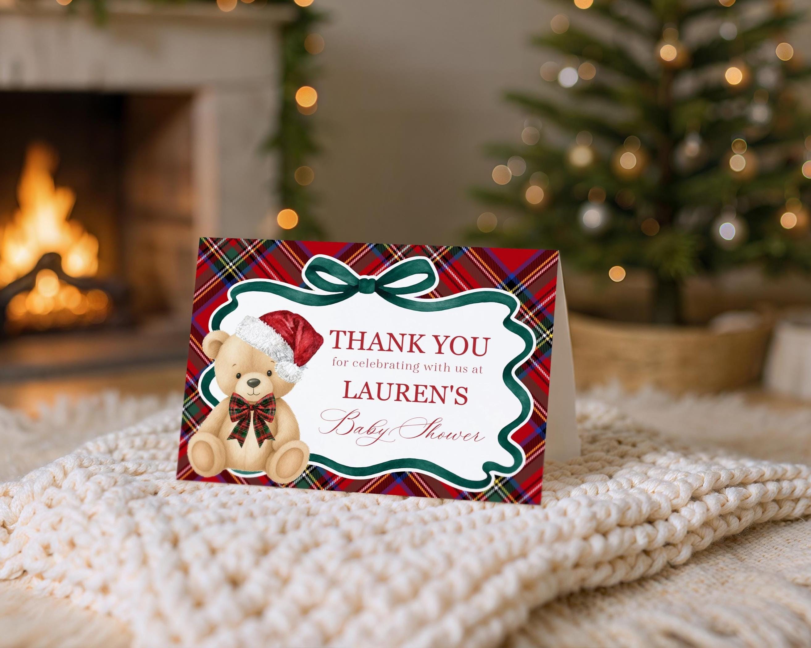 Red Tartan Plaid Christmas Bear Thank You Card Template, We Can Bearly Wait Christmas Baby Shower, December Beary First Birthday WP1082