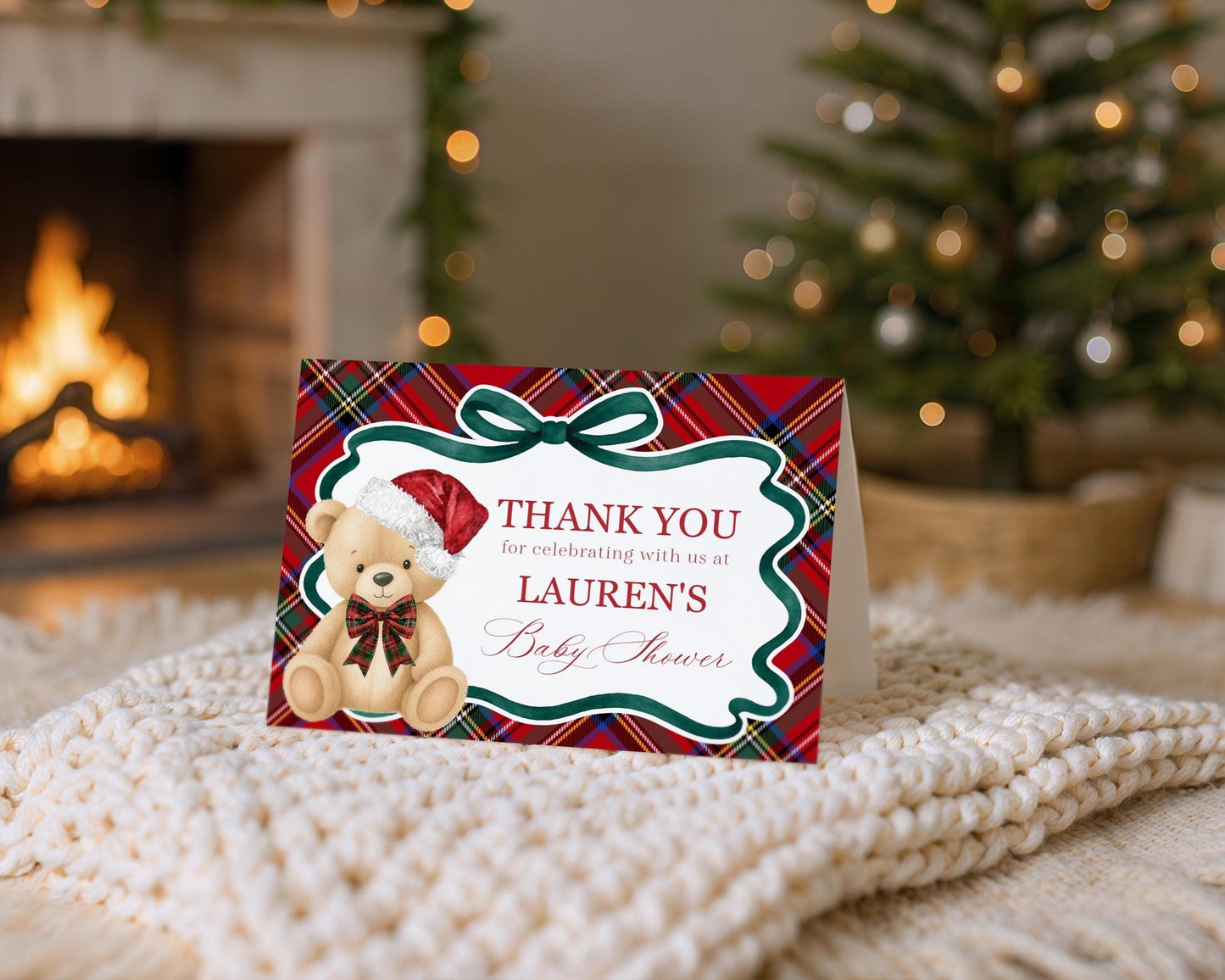 Red Tartan Plaid Christmas Bear Thank You Card Template, We Can Bearly Wait Christmas Baby Shower, December Beary First Birthday WP1082