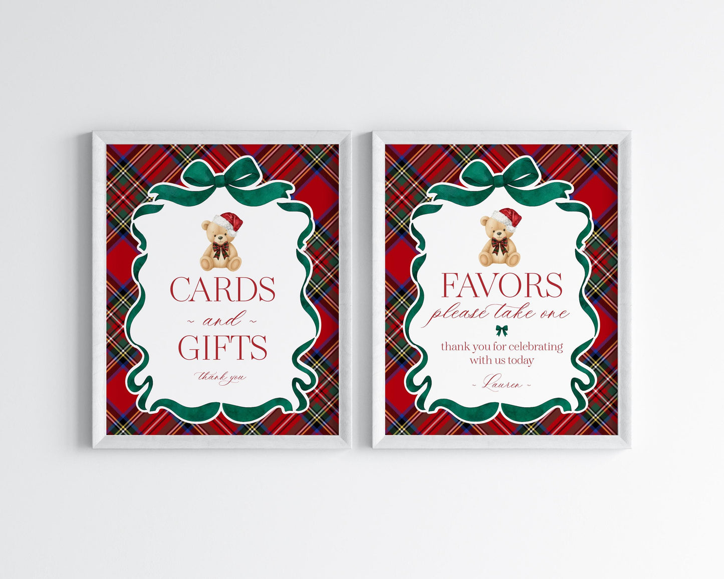 Red Tartan Plaid Christmas Bear Cards & Gifts and Favors Sign Template, We Can Bearly Wait Christmas Baby Shower, Bear First Birthday WP1082