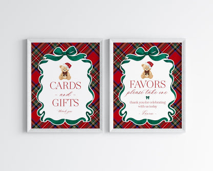 Red Tartan Plaid Christmas Bear Cards & Gifts and Favors Sign Template, We Can Bearly Wait Christmas Baby Shower, Bear First Birthday WP1082