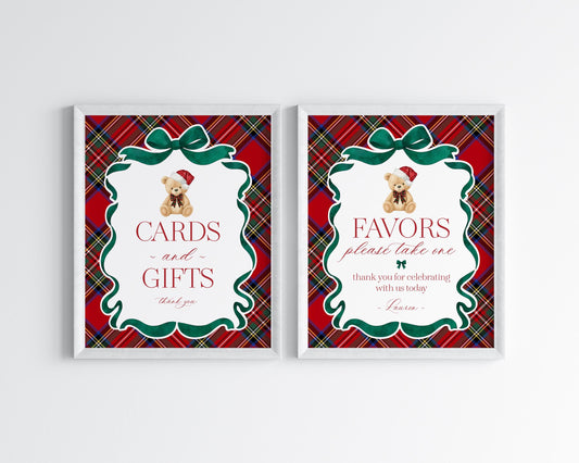 Red Tartan Plaid Christmas Bear Cards & Gifts and Favors Sign Template, We Can Bearly Wait Christmas Baby Shower, Bear First Birthday WP1082