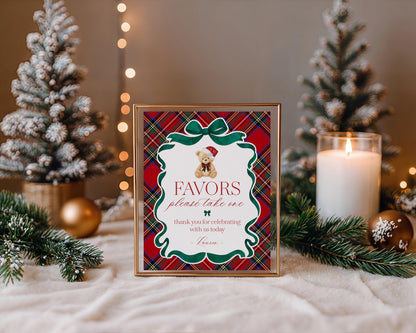 Red Tartan Plaid Christmas Bear Cards & Gifts and Favors Sign Template, We Can Bearly Wait Christmas Baby Shower, Bear First Birthday WP1082