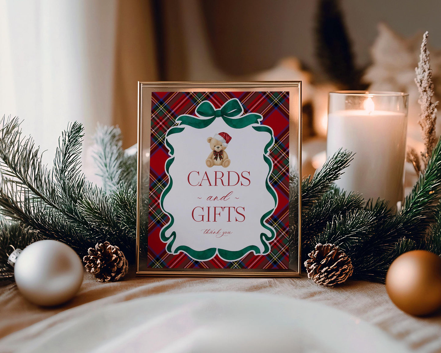 Red Tartan Plaid Christmas Bear Cards & Gifts and Favors Sign Template, We Can Bearly Wait Christmas Baby Shower, Bear First Birthday WP1082