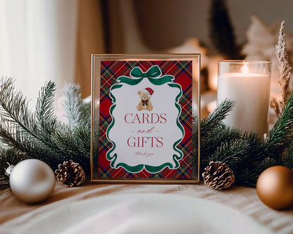 Red Tartan Plaid Christmas Bear Cards & Gifts and Favors Sign Template, We Can Bearly Wait Christmas Baby Shower, Bear First Birthday WP1082