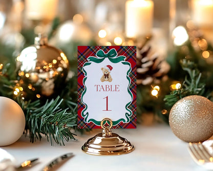 Red Tartan Plaid Christmas Bear Table Number Cards Template, We Can Bearly Wait Christmas Baby Shower, December Beary First Birthday WP1082