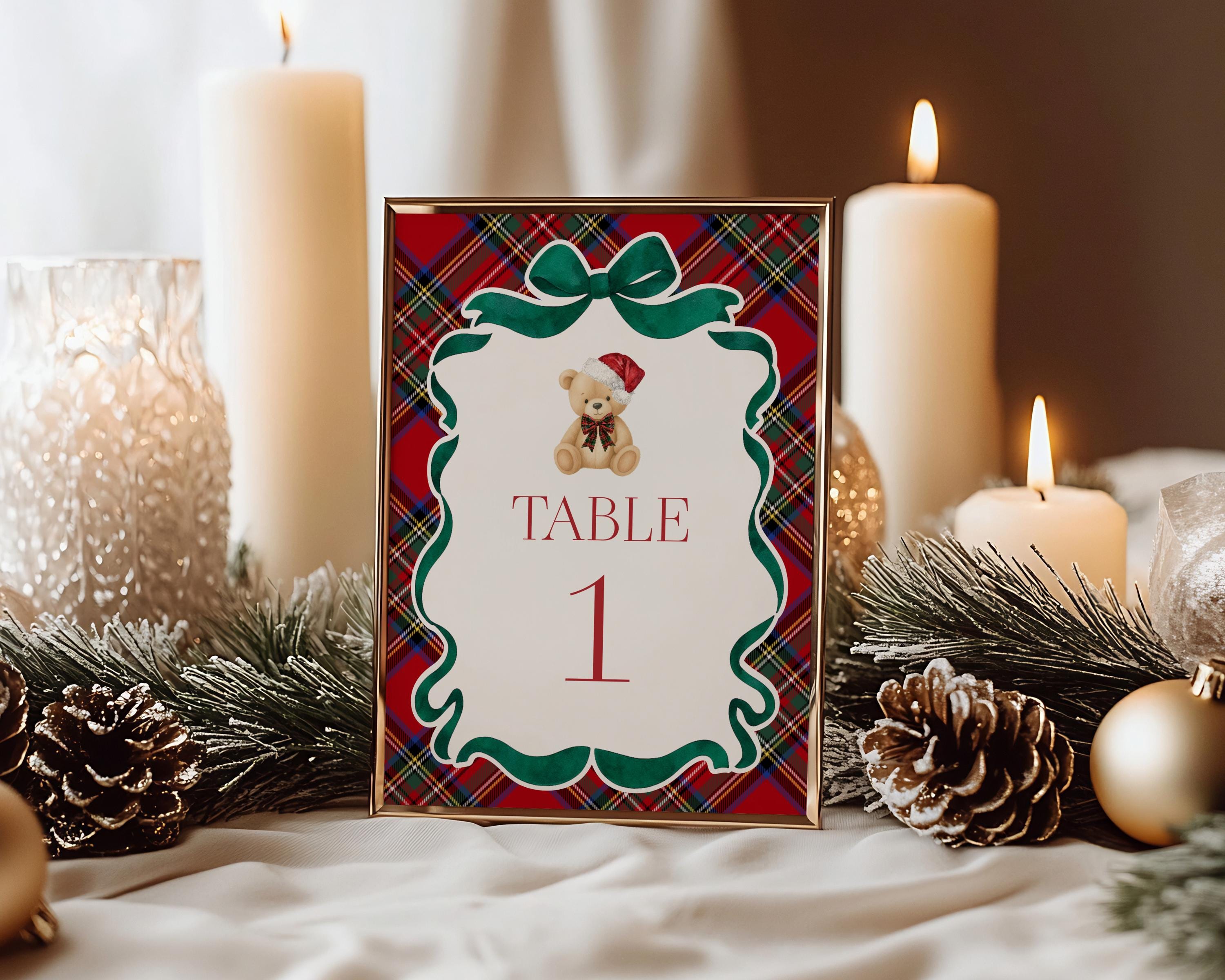 Red Tartan Plaid Christmas Bear Table Number Cards Template, We Can Bearly Wait Christmas Baby Shower, December Beary First Birthday WP1082