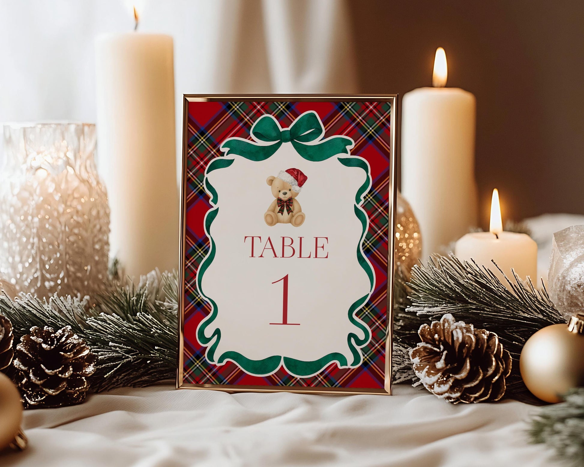 Red Tartan Plaid Christmas Bear Table Number Cards Template, We Can Bearly Wait Christmas Baby Shower, December Beary First Birthday WP1082