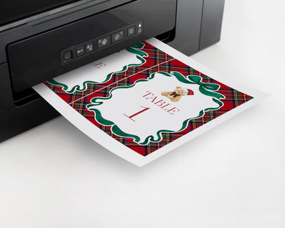 Red Tartan Plaid Christmas Bear Table Number Cards Template, We Can Bearly Wait Christmas Baby Shower, December Beary First Birthday WP1082
