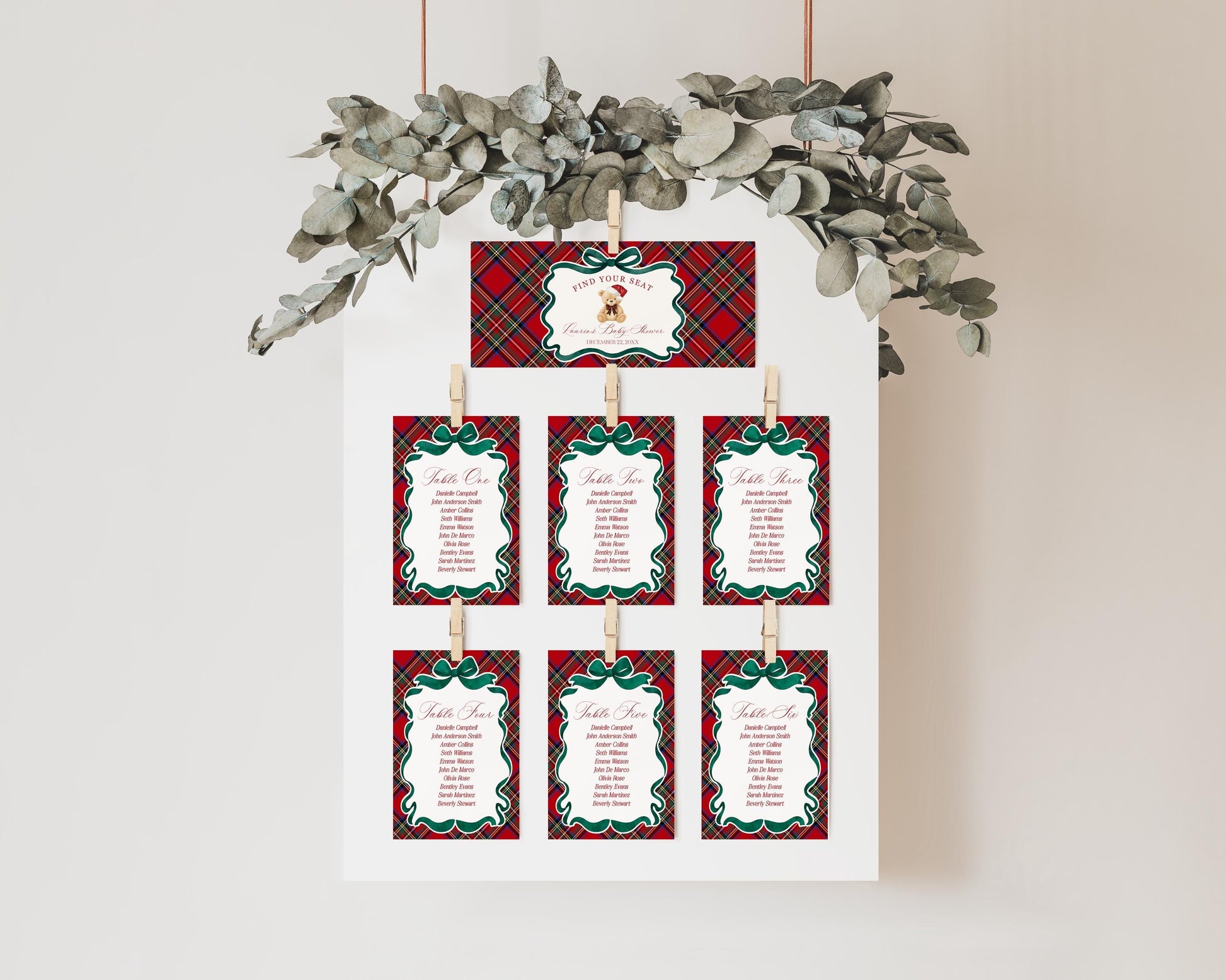 Red Tartan Plaid Christmas Bear Seating Chart Poster Template, We Can Bearly Wait Christmas Baby Shower, December Beary 1st Birthday WP1082