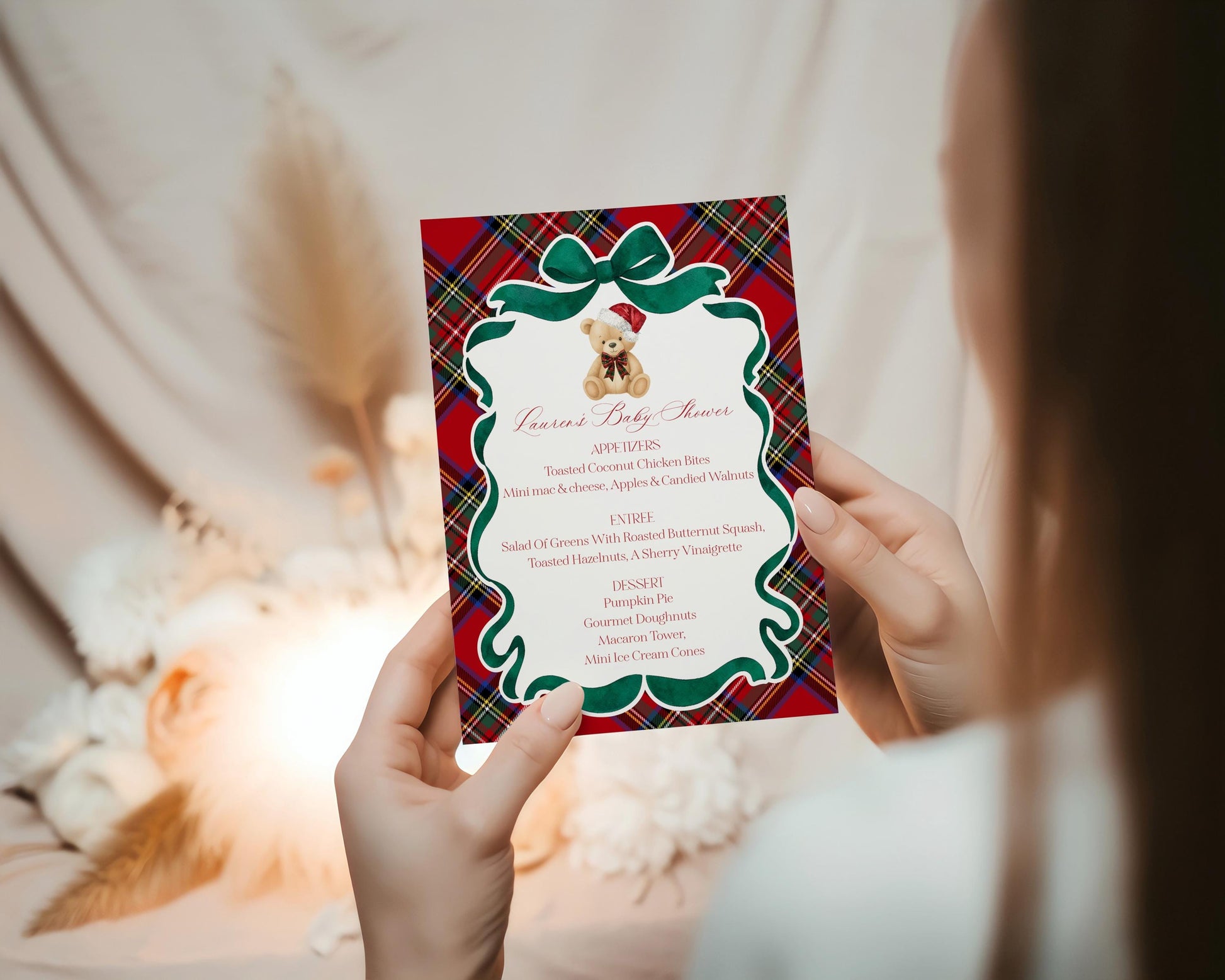 Red Tartan Plaid Christmas Bear Menu Template, We Can Bearly Wait Christmas Baby Shower, December Beary First Birthday WP1082
