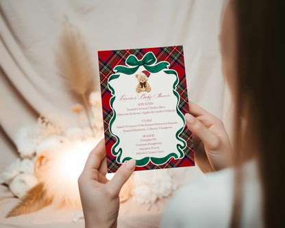 Red Tartan Plaid Christmas Bear Menu Template, We Can Bearly Wait Christmas Baby Shower, December Beary First Birthday WP1082