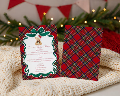 Red Tartan Plaid Christmas Bear Menu Template, We Can Bearly Wait Christmas Baby Shower, December Beary First Birthday WP1082