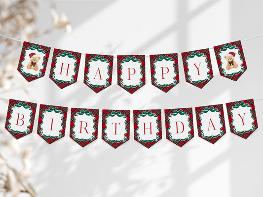 Red Tartan Plaid Christmas Bear Birthday Banner Template, Beary First Birthday Christmas Birthday Party Decor, December Bday Party WP1082