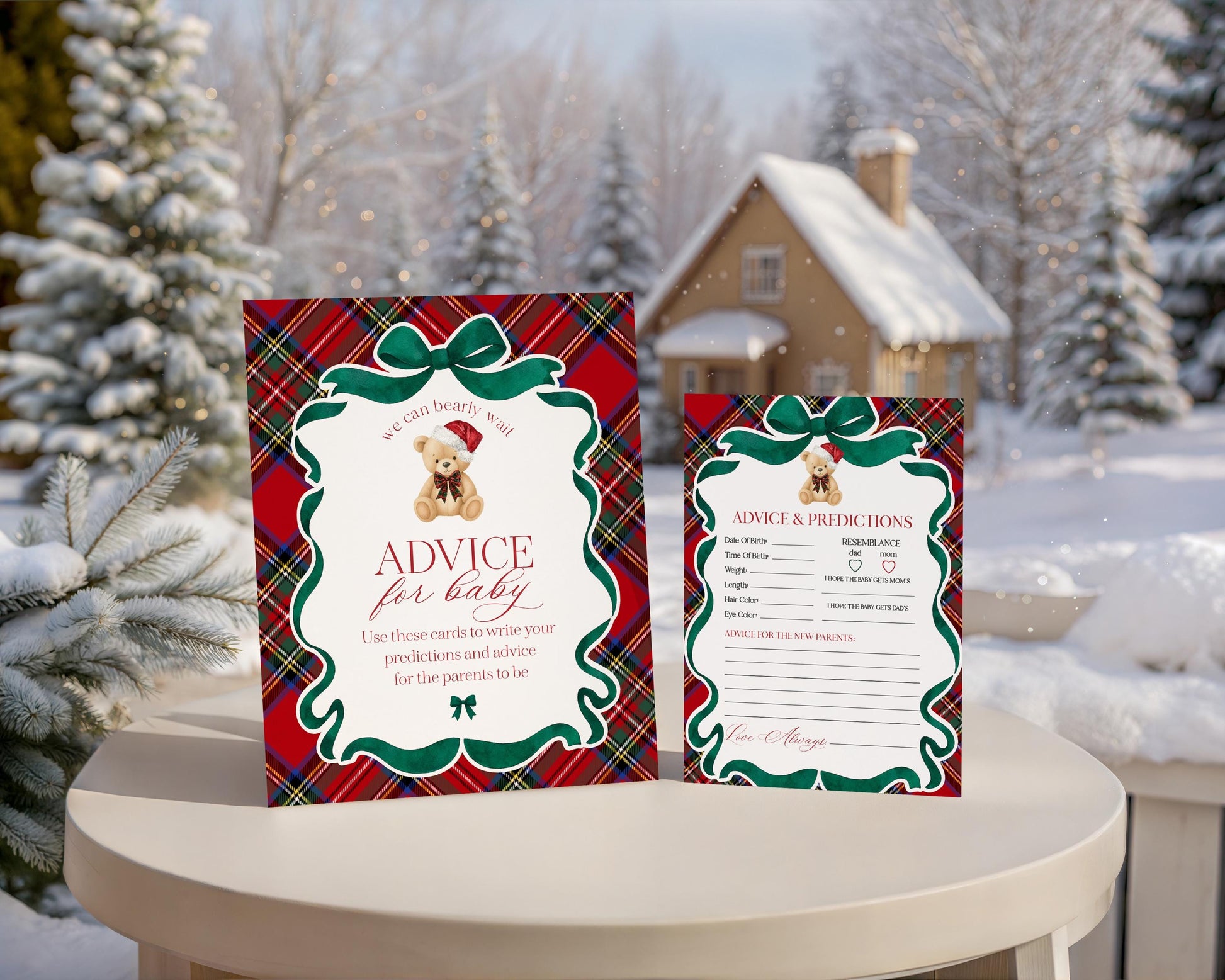 Red Tartan Plaid Christmas Bear Advice for Baby Cards Template, We Can Bearly Wait Christmas Baby Sprinkle, December Nesting Party WP1082