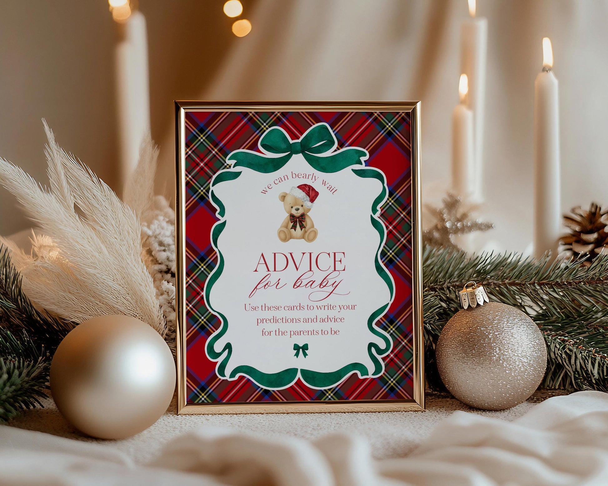 Red Tartan Plaid Christmas Bear Advice for Baby Cards Template, We Can Bearly Wait Christmas Baby Sprinkle, December Nesting Party WP1082