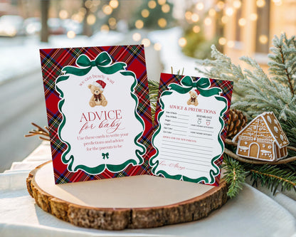 Red Tartan Plaid Christmas Bear Advice for Baby Cards Template, We Can Bearly Wait Christmas Baby Sprinkle, December Nesting Party WP1082