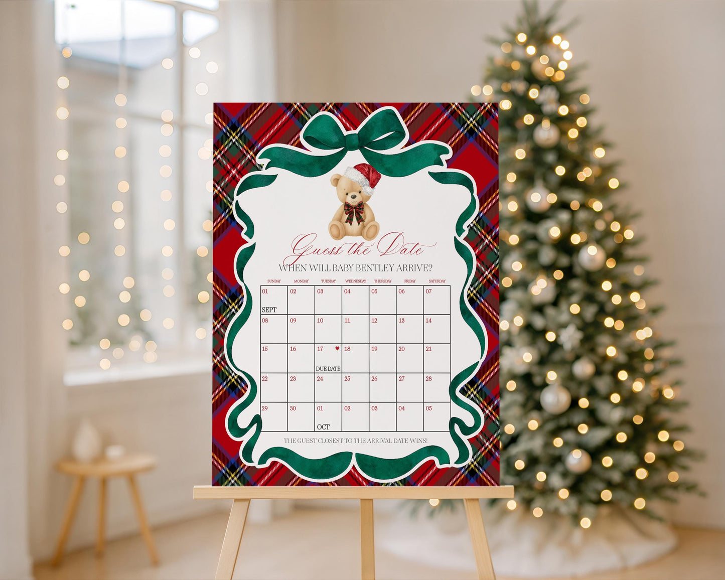 Red Tartan Plaid Christmas Bear Baby Shower Guess the Date Game Template, We Can Bearly Wait Christmas Baby Sprinkle, December Party WP1082