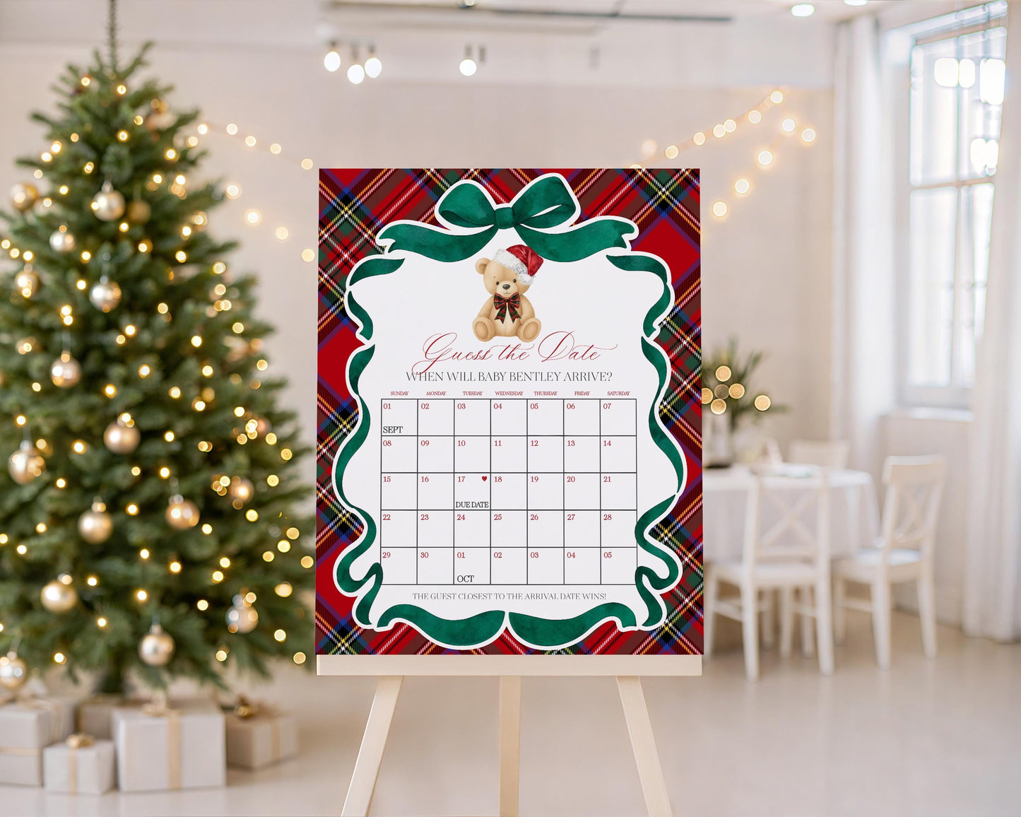 Red Tartan Plaid Christmas Bear Baby Shower Guess the Date Game Template, We Can Bearly Wait Christmas Baby Sprinkle, December Party WP1082