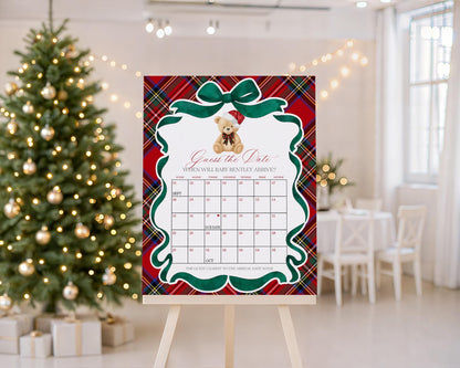 Red Tartan Plaid Christmas Bear Baby Shower Guess the Date Game Template, We Can Bearly Wait Christmas Baby Sprinkle, December Party WP1082