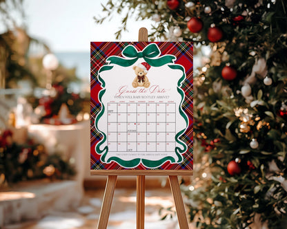Red Tartan Plaid Christmas Bear Baby Shower Guess the Date Game Template, We Can Bearly Wait Christmas Baby Sprinkle, December Party WP1082