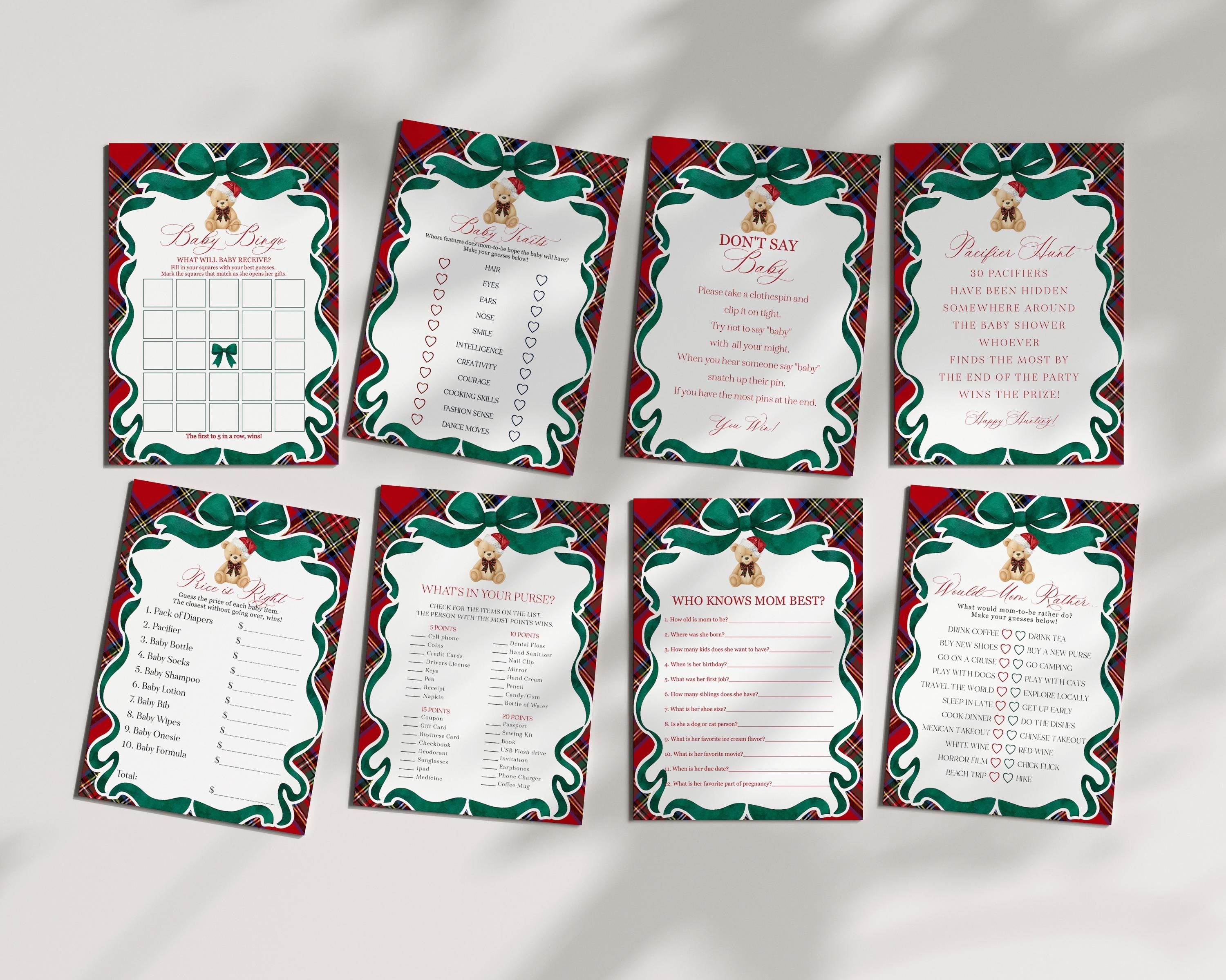 Red Tartan Plaid Christmas Bear Baby Shower Games Template, We Can Bearly Wait Christmas Baby Sprinkle, December Plaid Bear Nesting WP1082