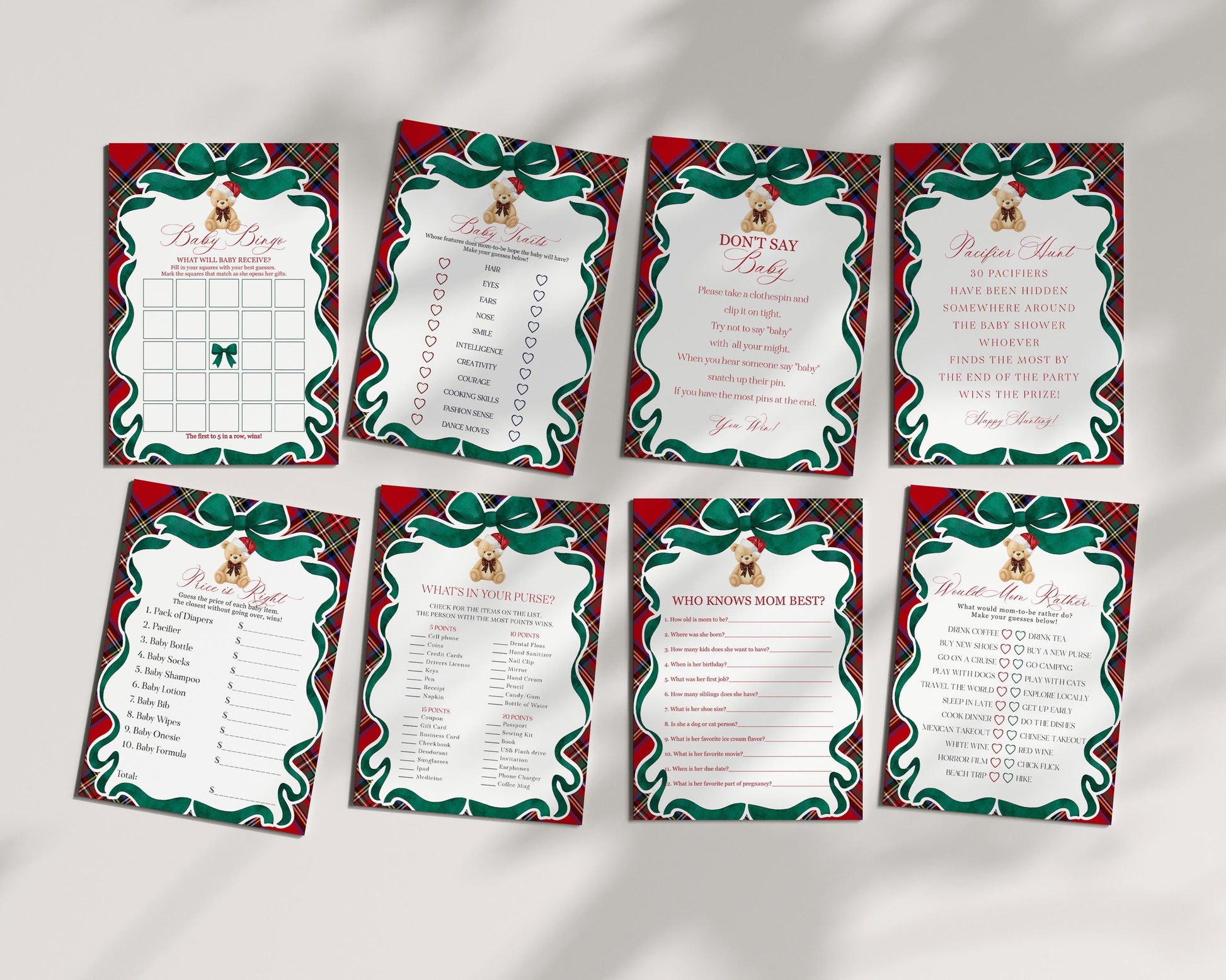 Red Tartan Plaid Christmas Bear Baby Shower Games Template, We Can Bearly Wait Christmas Baby Sprinkle, December Plaid Bear Nesting WP1082