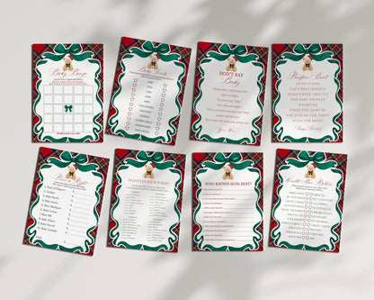 Red Tartan Plaid Christmas Bear Baby Shower Games Template, We Can Bearly Wait Christmas Baby Sprinkle, December Plaid Bear Nesting WP1082