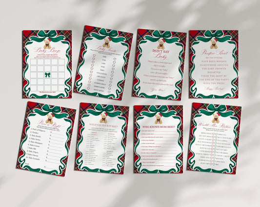 Red Tartan Plaid Christmas Bear Baby Shower Games Template, We Can Bearly Wait Christmas Baby Sprinkle, December Plaid Bear Nesting WP1082