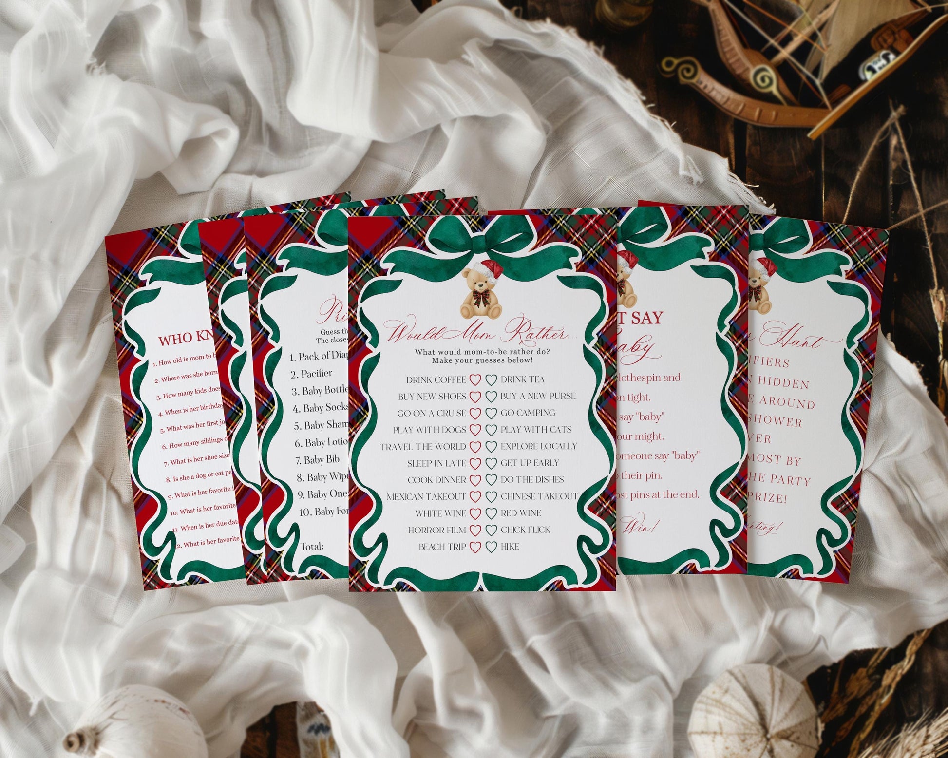 Red Tartan Plaid Christmas Bear Baby Shower Games Template, We Can Bearly Wait Christmas Baby Sprinkle, December Plaid Bear Nesting WP1082