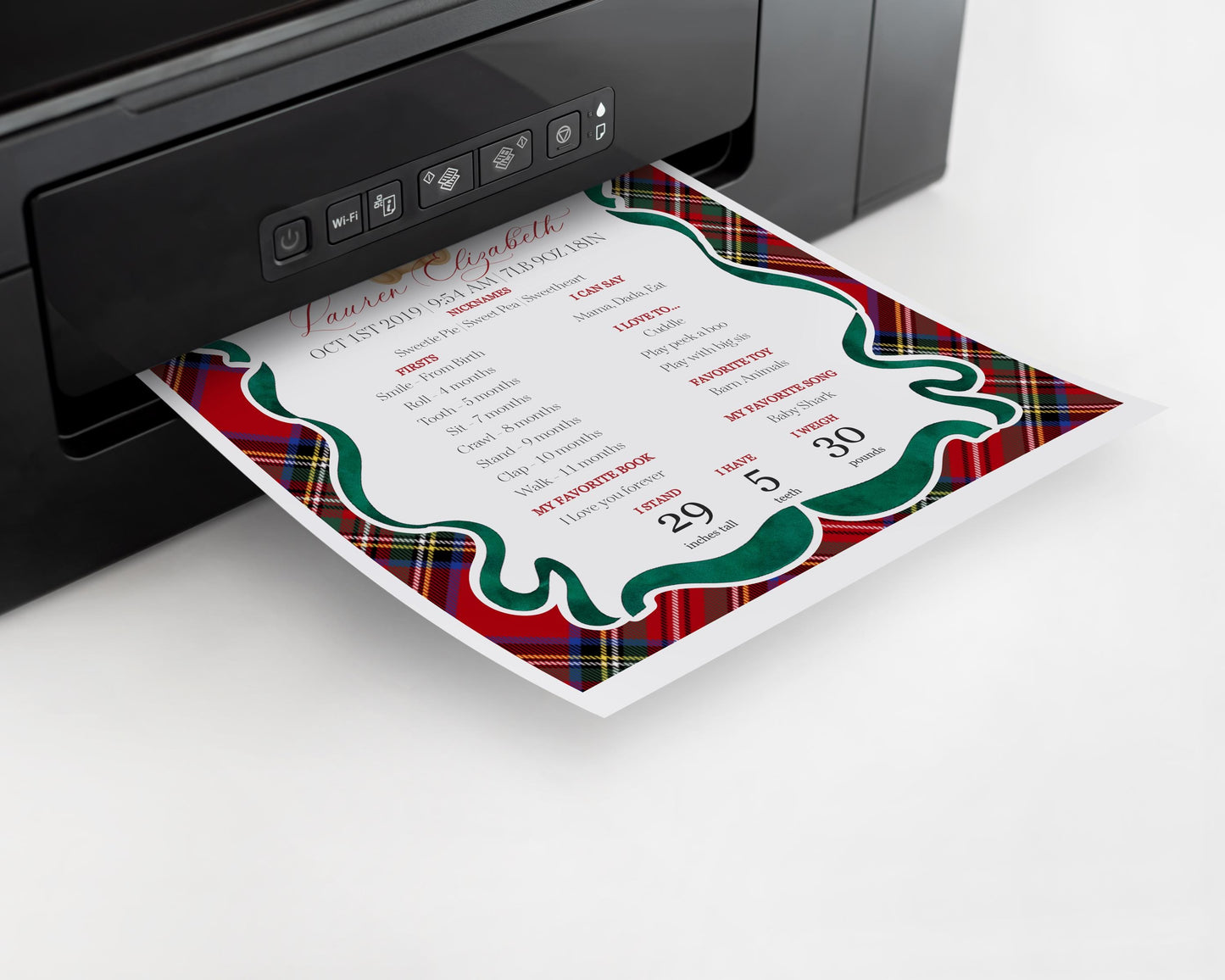 Red Tartan Plaid Christmas Bear First Year Milestone Sign Printable Template, Beary First Birthday Christmas Birthday Party Decor WP1082