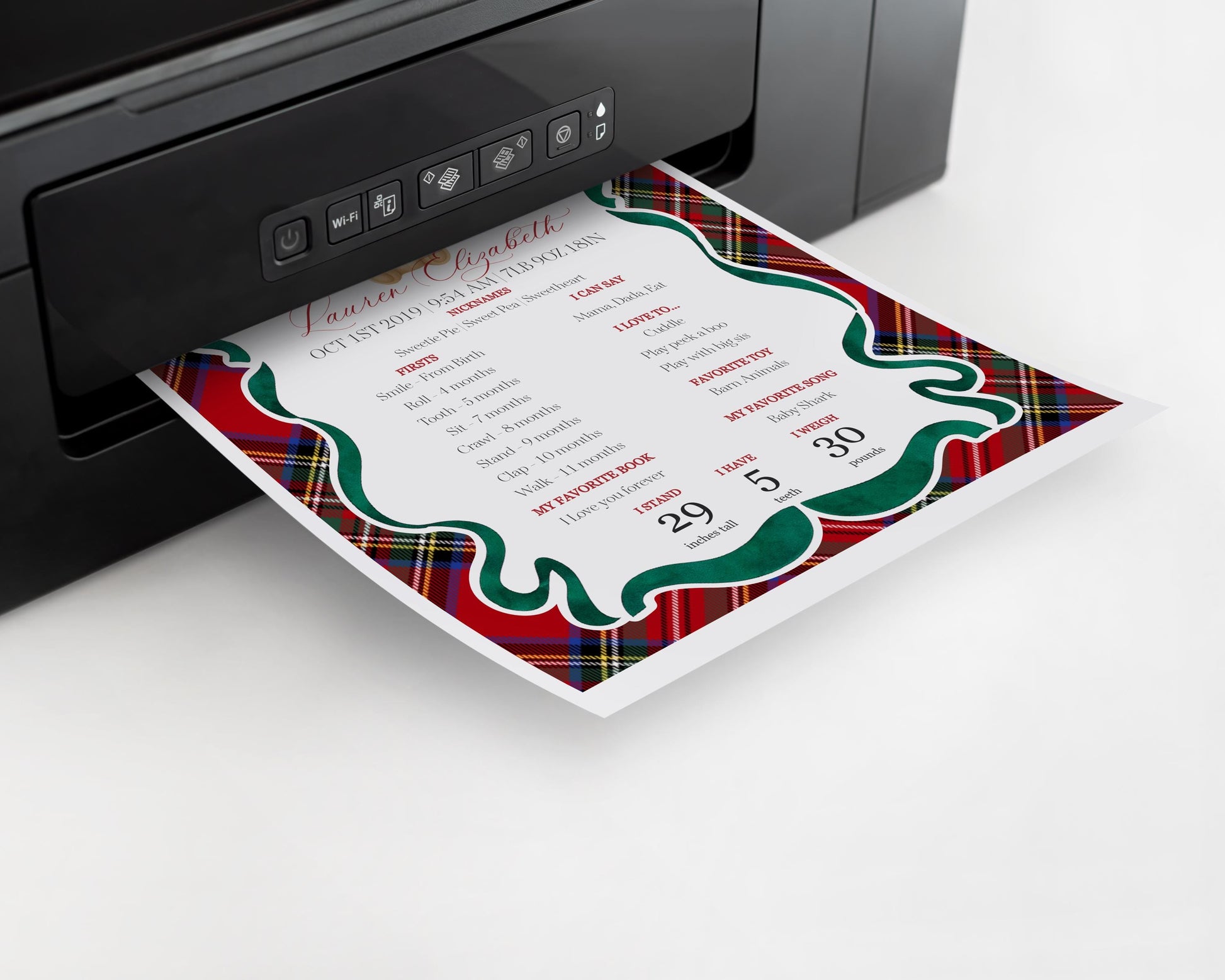 Red Tartan Plaid Christmas Bear First Year Milestone Sign Printable Template, Beary First Birthday Christmas Birthday Party Decor WP1082