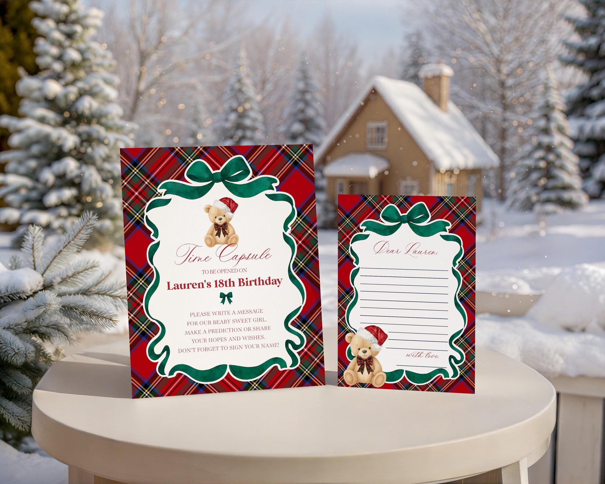 Red Tartan Plaid Christmas Bear Time Capsule Template, Beary First Birthday Christmas Birthday Party Decor, December Plaid Bear Party WP1082