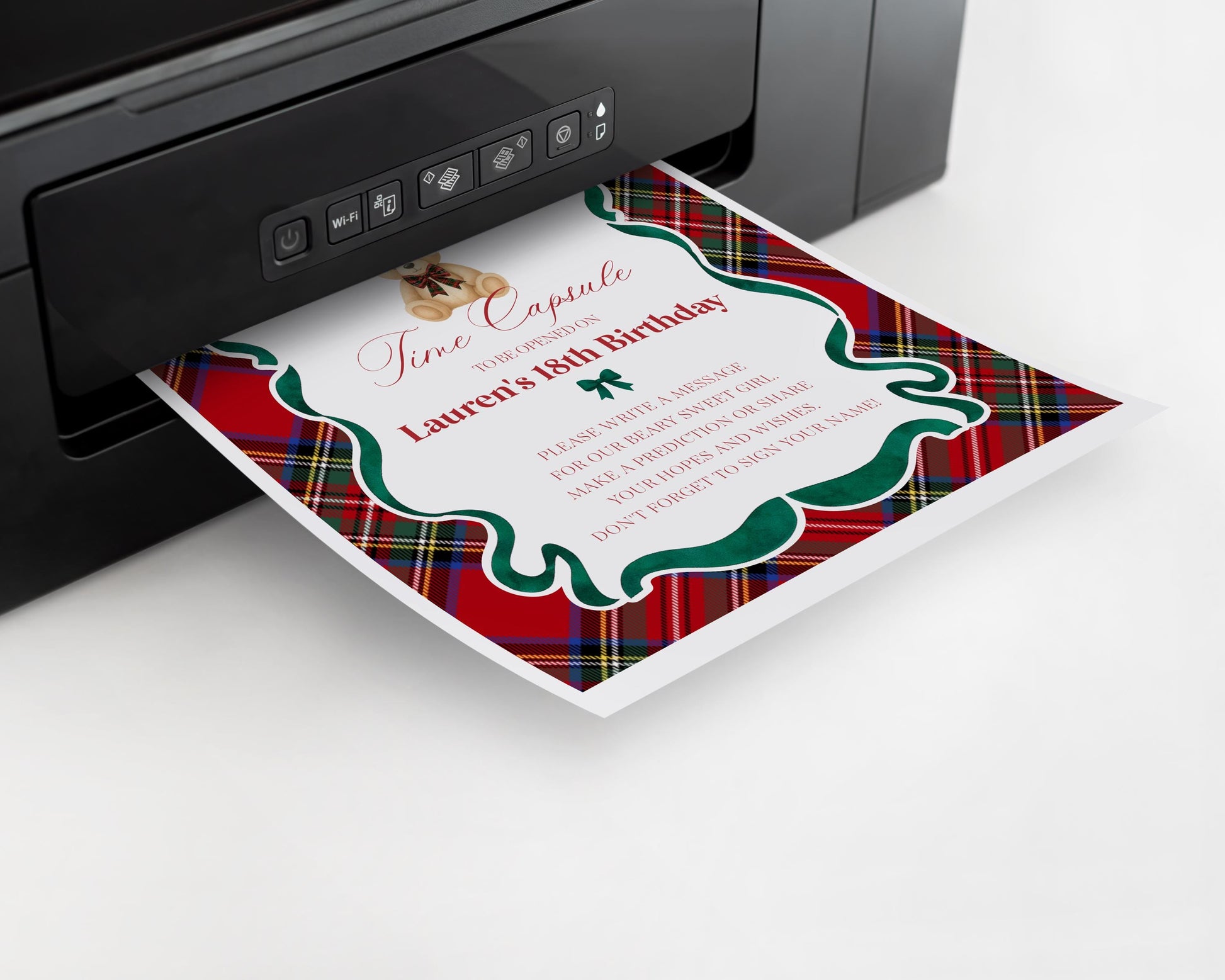 Red Tartan Plaid Christmas Bear Time Capsule Template, Beary First Birthday Christmas Birthday Party Decor, December Plaid Bear Party WP1082