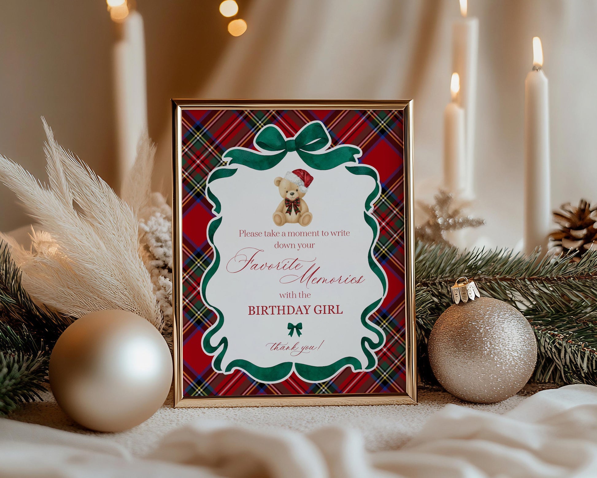 Red Tartan Plaid Christmas Bear Favorite Memories Birthday Template, Christmas Teddy Bear Birthday Party, December Plaid Bear Party WP1082