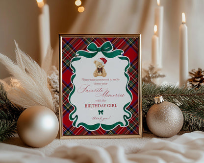 Red Tartan Plaid Christmas Bear Favorite Memories Birthday Template, Christmas Teddy Bear Birthday Party, December Plaid Bear Party WP1082