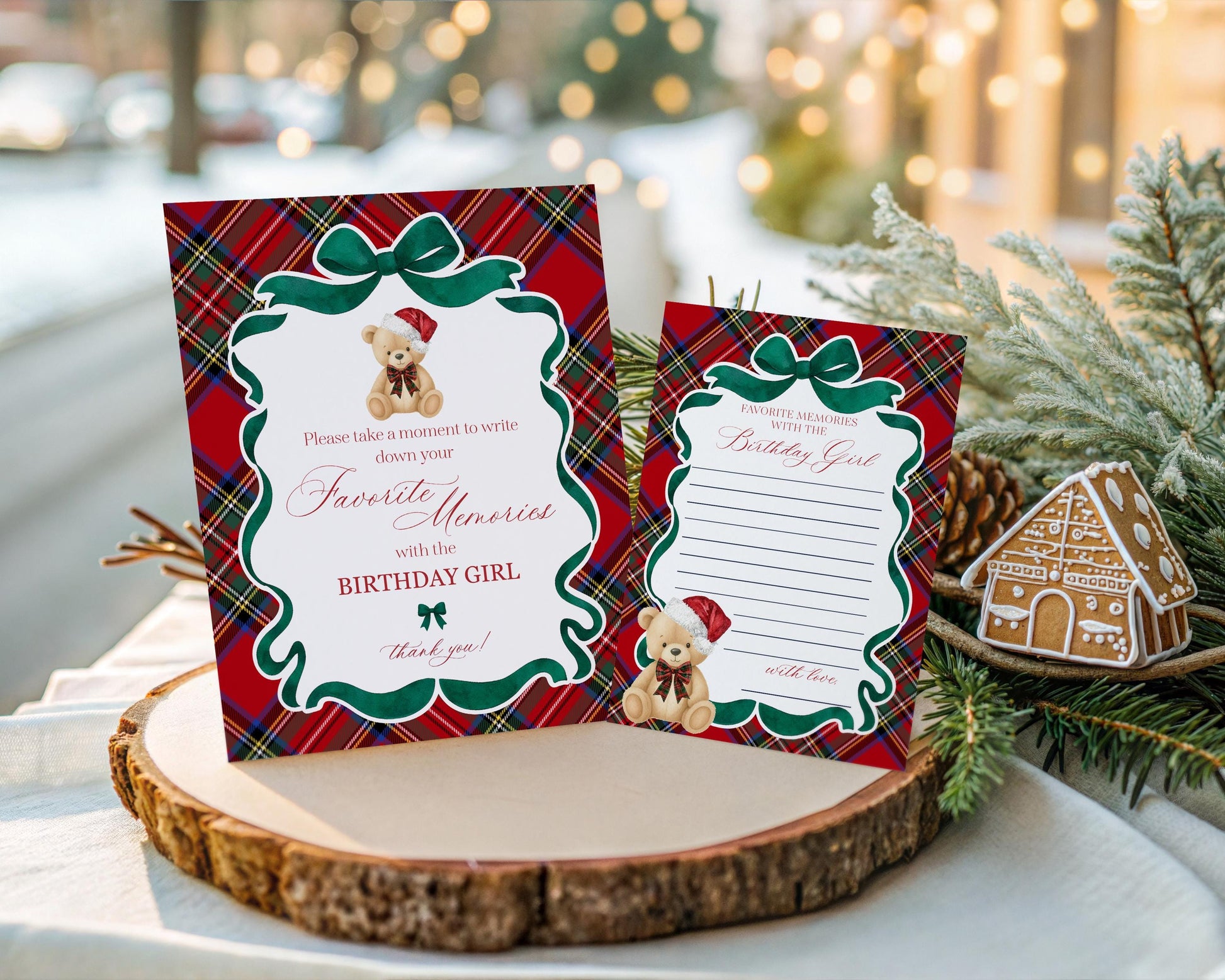 Red Tartan Plaid Christmas Bear Favorite Memories Birthday Template, Christmas Teddy Bear Birthday Party, December Plaid Bear Party WP1082