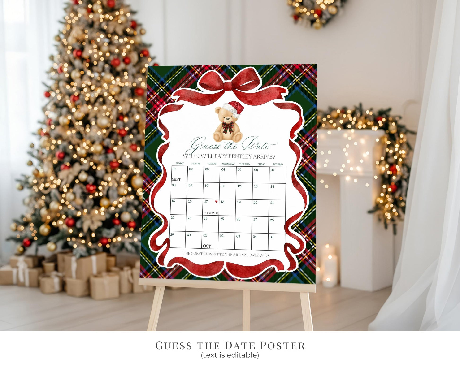 Green Tartan Plaid Christmas Bear Baby Shower Bundle Template, We Can Bearly Wait Christmas Baby Sprinkle, December Nesting Party WP1083