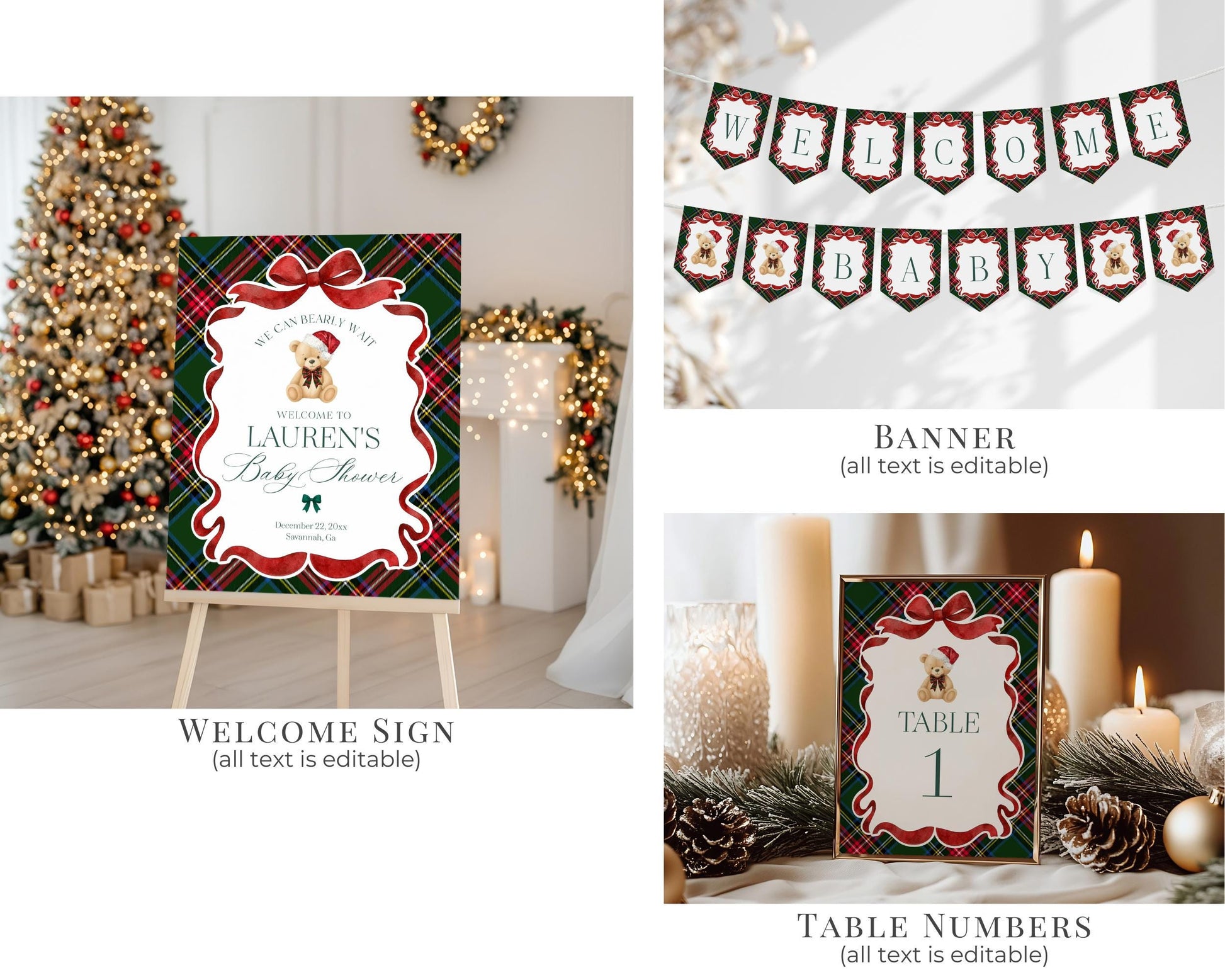 Green Tartan Plaid Christmas Bear Baby Shower Bundle Template, We Can Bearly Wait Christmas Baby Sprinkle, December Nesting Party WP1083