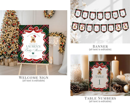 Green Tartan Plaid Christmas Bear Baby Shower Bundle Template, We Can Bearly Wait Christmas Baby Sprinkle, December Nesting Party WP1083