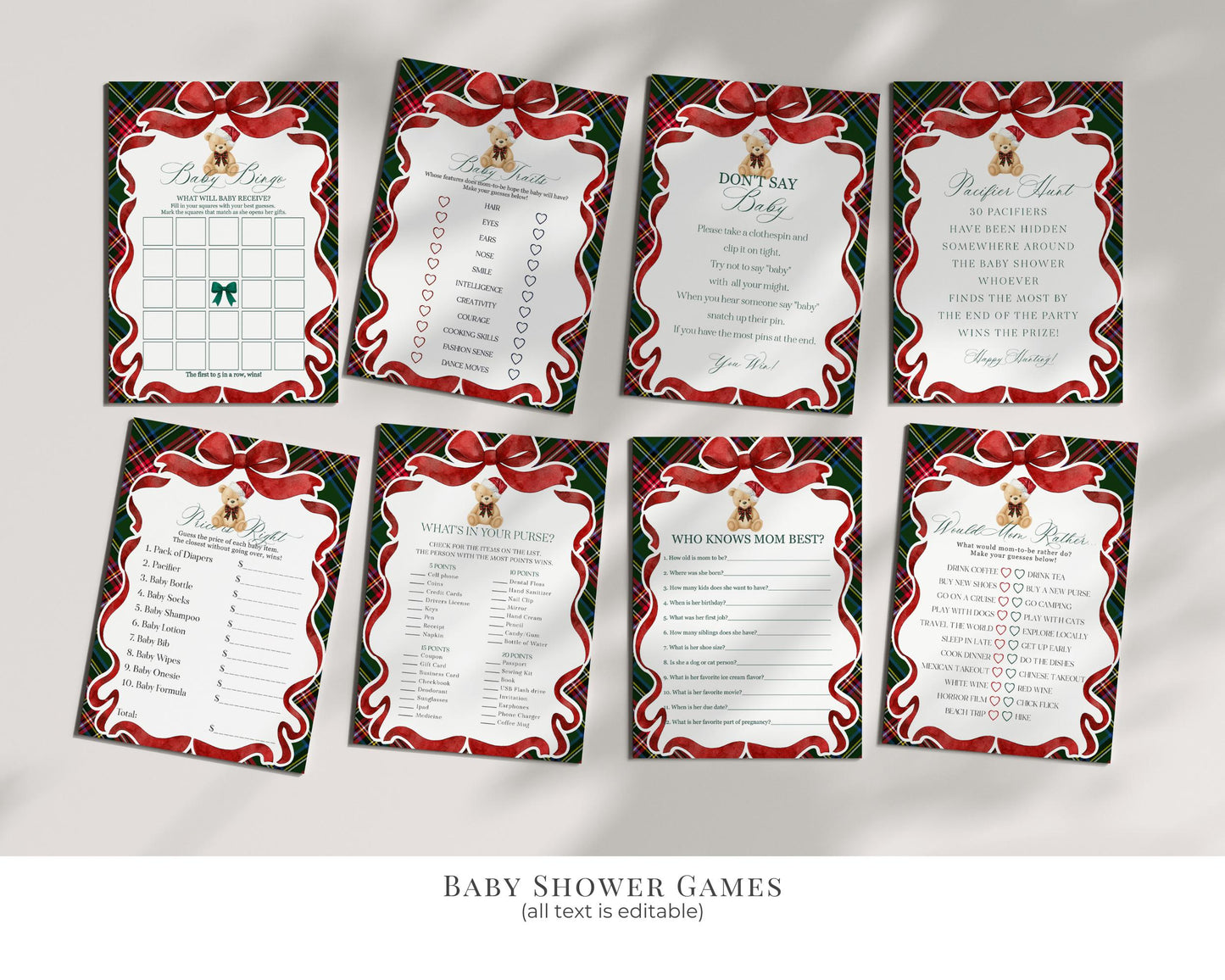 Green Tartan Plaid Christmas Bear Baby Shower Bundle Template, We Can Bearly Wait Christmas Baby Sprinkle, December Nesting Party WP1083